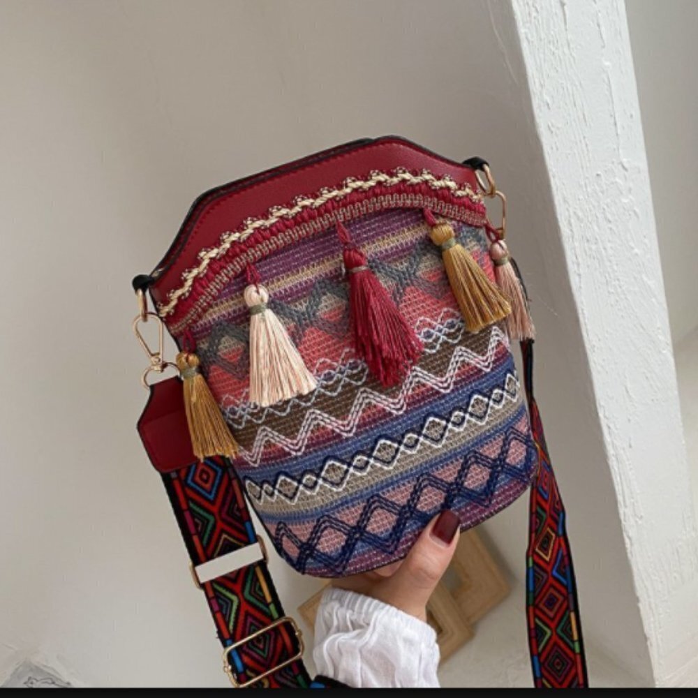 BOHO Aztec Purse Womens Trendy Tassel Knit Zipper Sling Bag Purse Multicolor
